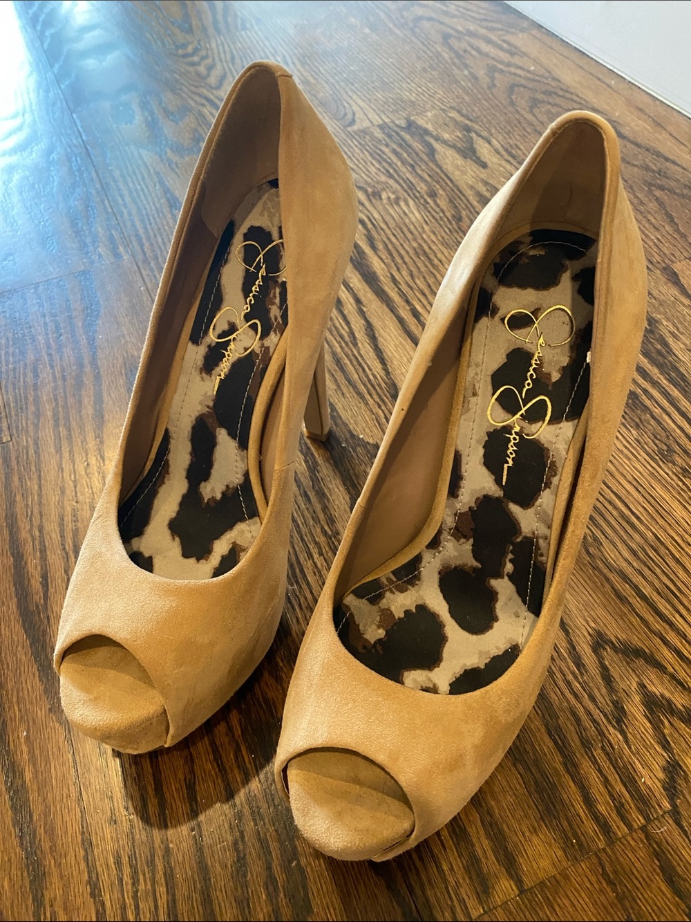 Jessica Simpson Tan Peep-Toe Heels with Leopard Insole